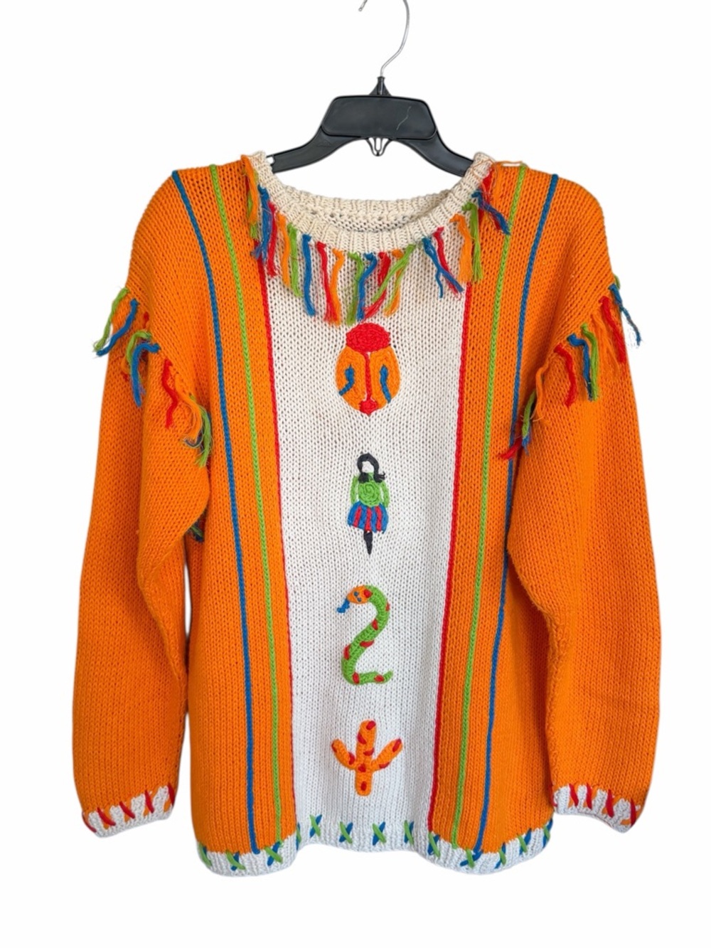 I.E. Diffusion Sport Orange Ivory Folk Art Sweater Fringe Southwestern Vintage M
